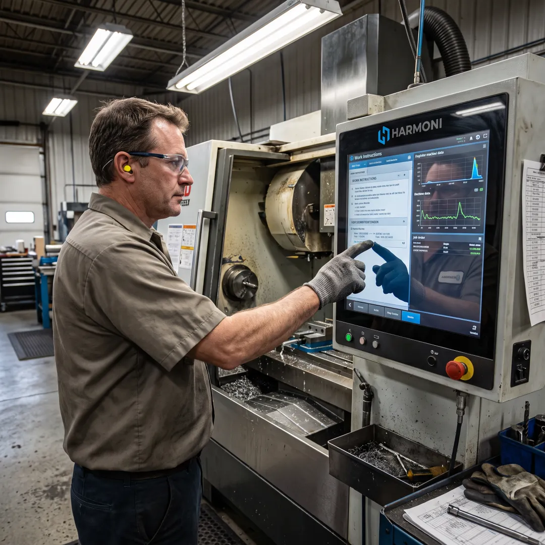 Operator using digital work instructions at a CNC machine