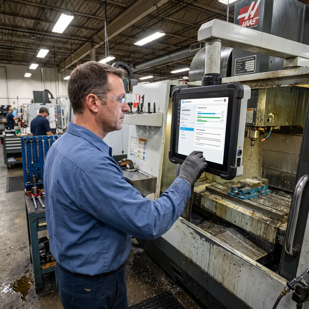 Operator viewing RFID-linked digital instructions at a CNC machine