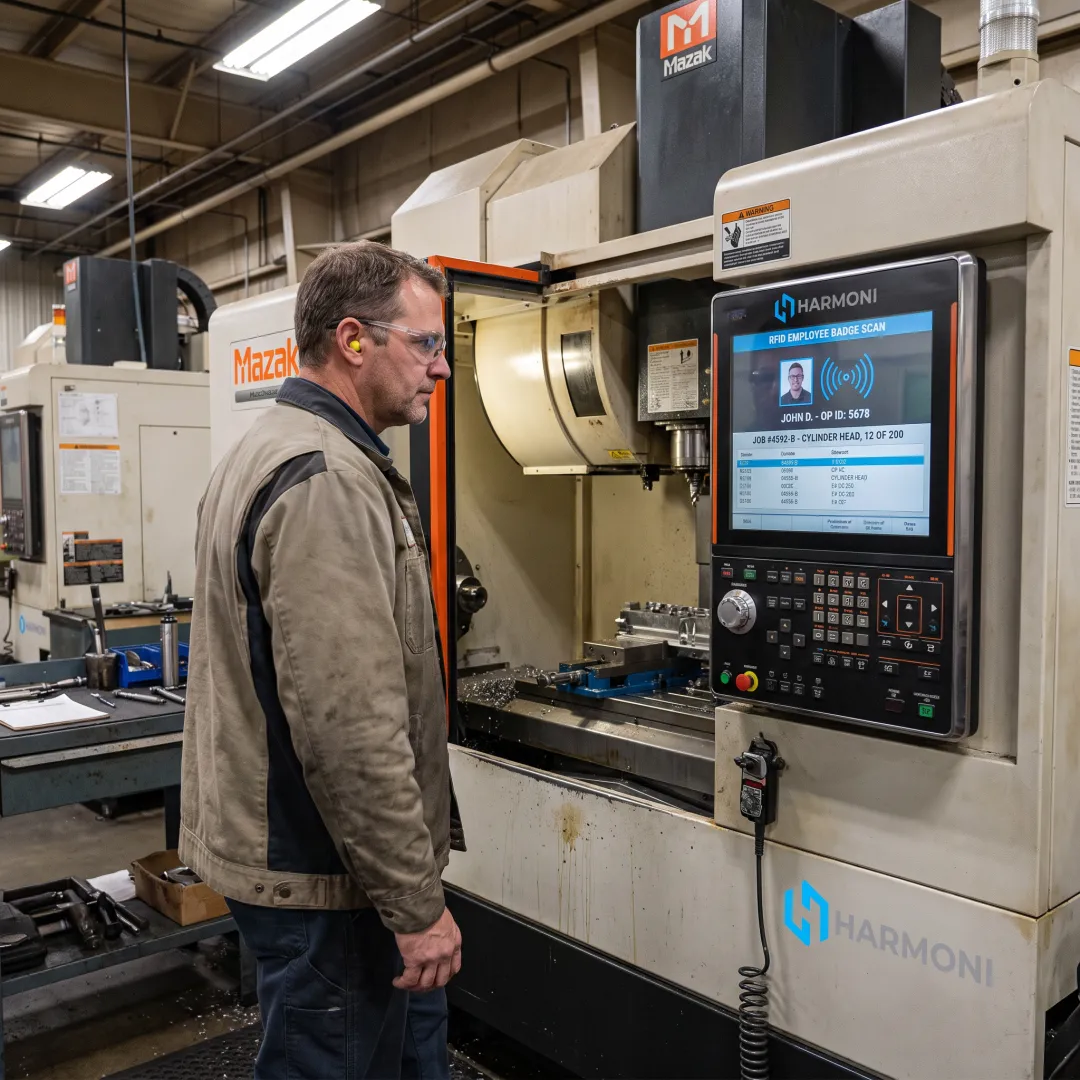 Operator logging into a CNC machine with RFID