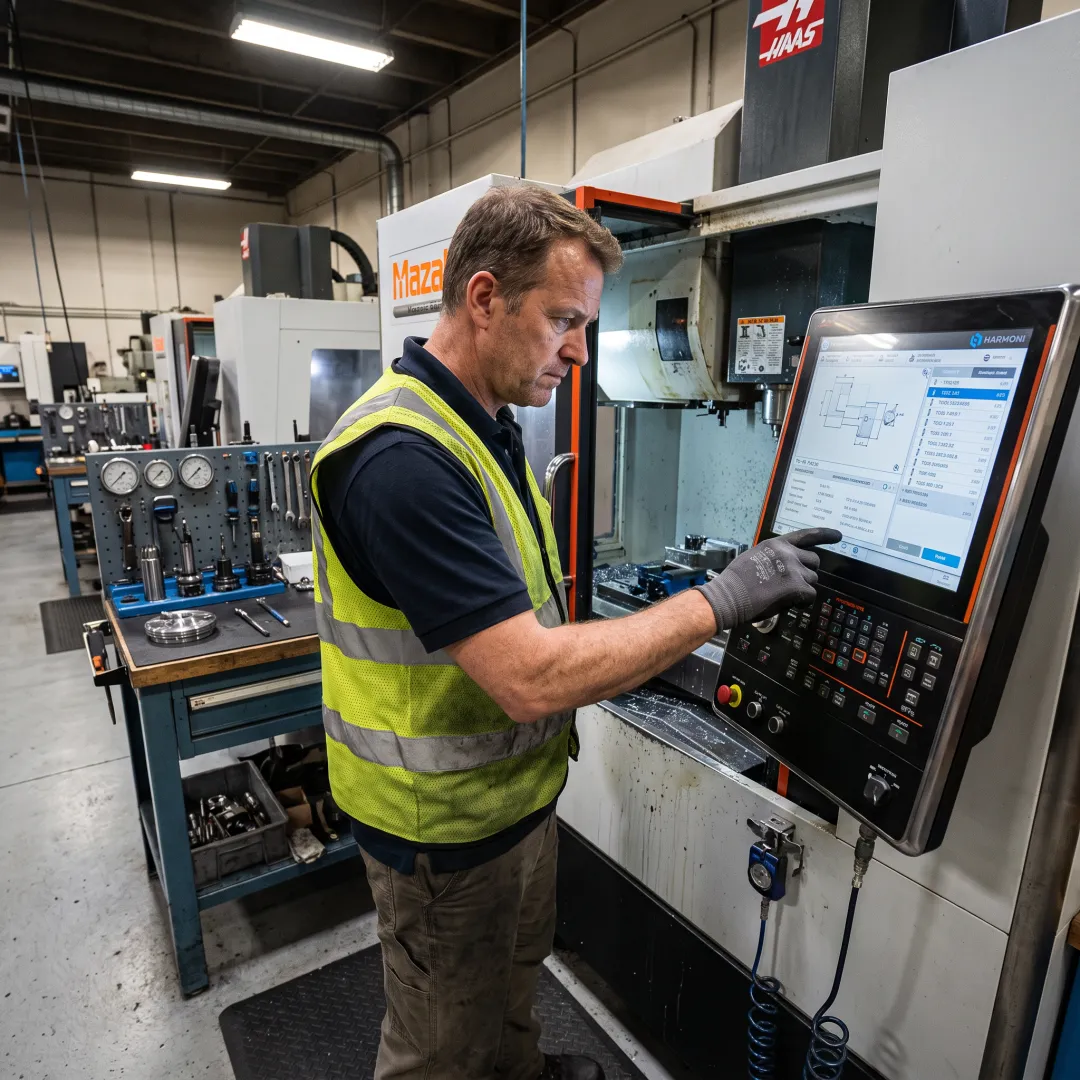 Digital work order details displayed beside a CNC machine