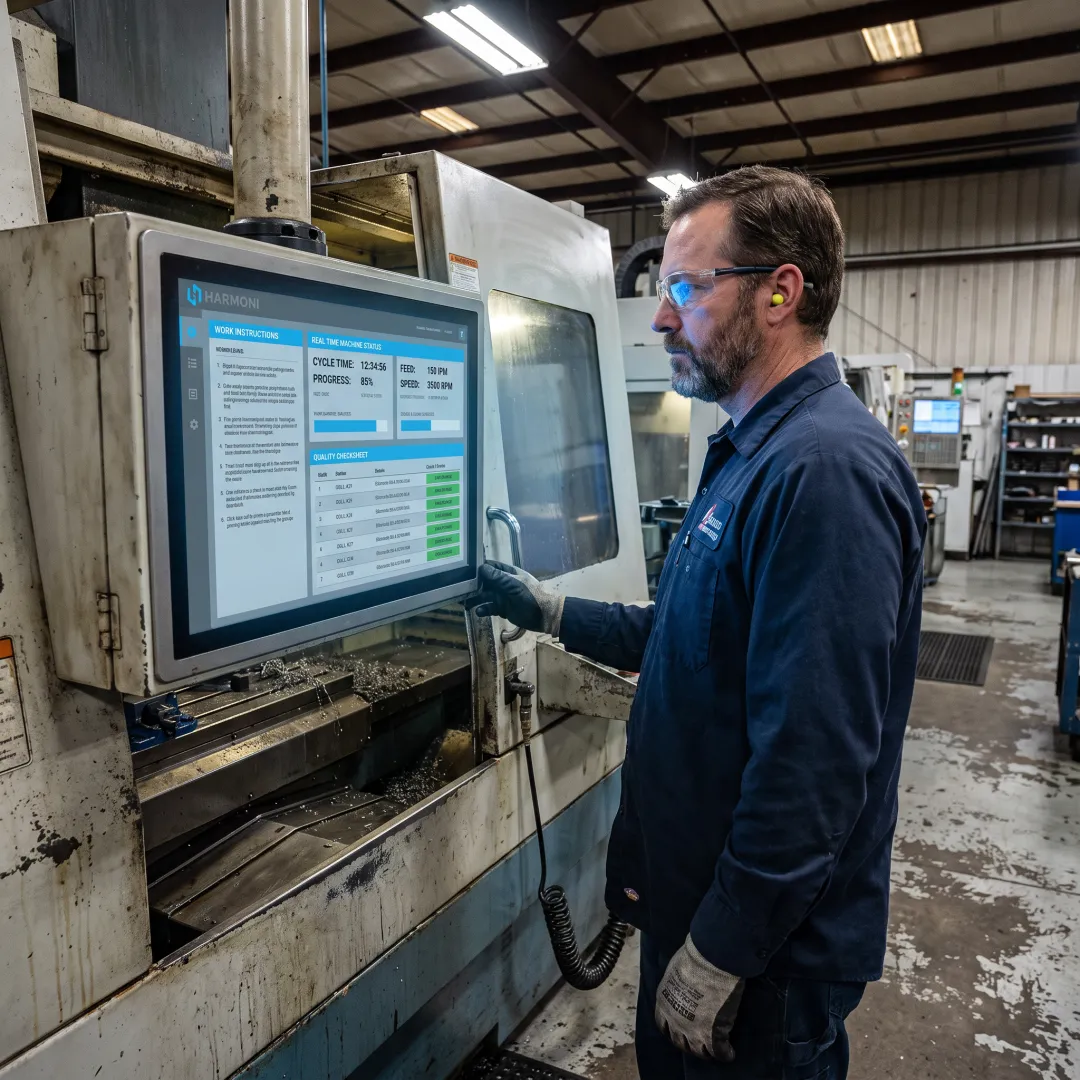 Operator using a digital aerospace workcenter interface