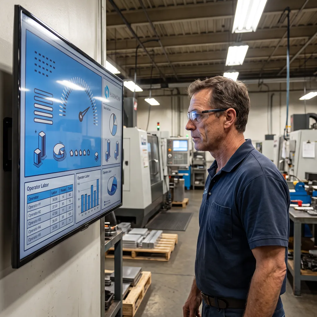 Supervisor reviewing machine shop labor and production data