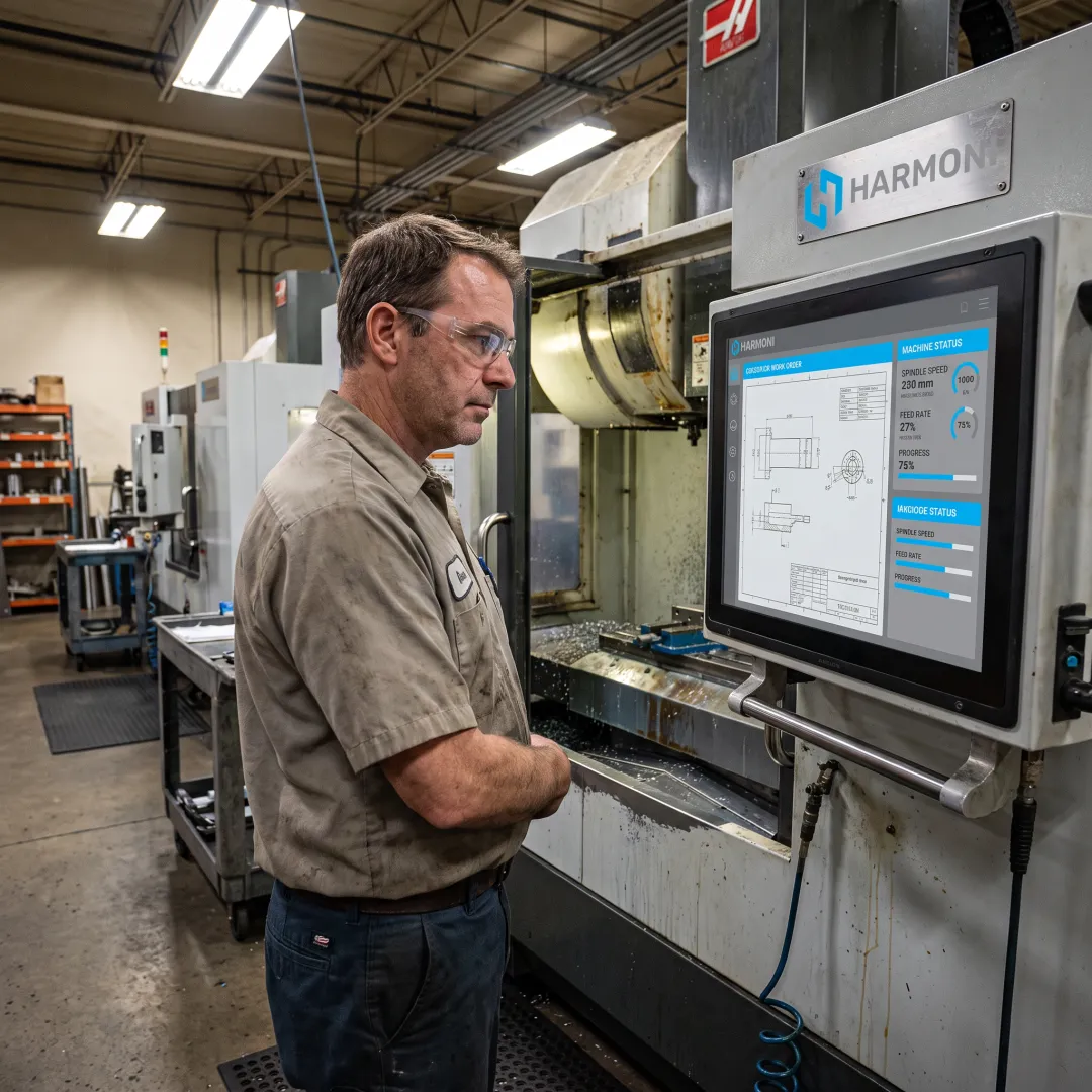 Operator reviewing digital aerospace job instructions
