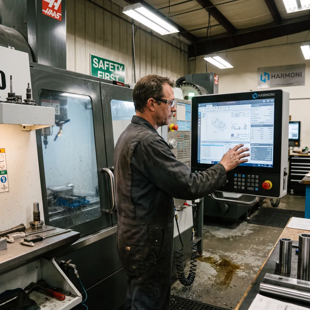 Digital production information displayed beside a CNC machine