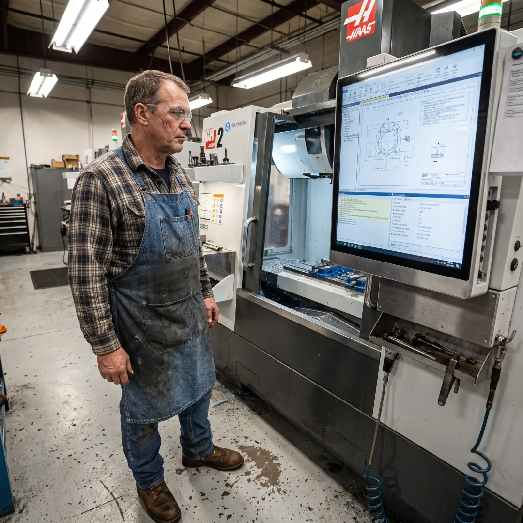 Operator reviewing digital production instructions beside a CNC machine