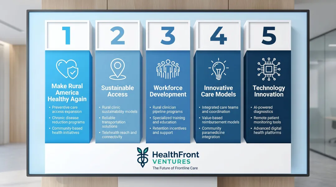 Five strategic pillars of CMS Rural Health Transformation Program overview infographic