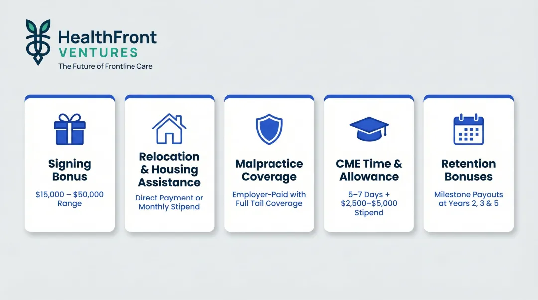 Rural physician compensation package five-component breakdown comparison table infographic