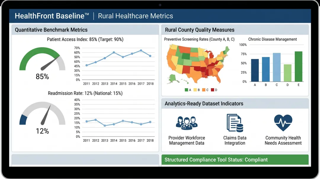 HealthFront Baseline analytics dashboard displaying rural healthcare data metrics and benchmarks