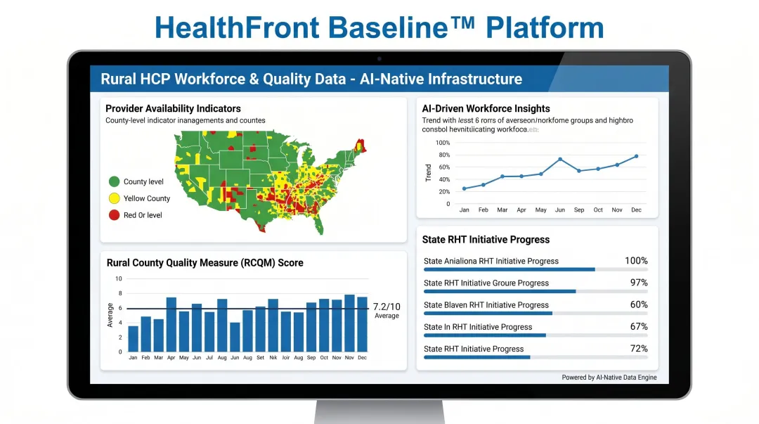 HealthFront Baseline rural HCP workforce data platform dashboard with county quality metrics