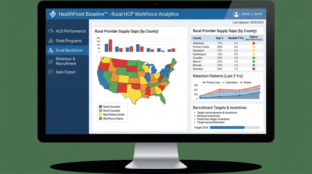 HealthFront Baseline rural HCP workforce data platform dashboard showing county-level provider metrics