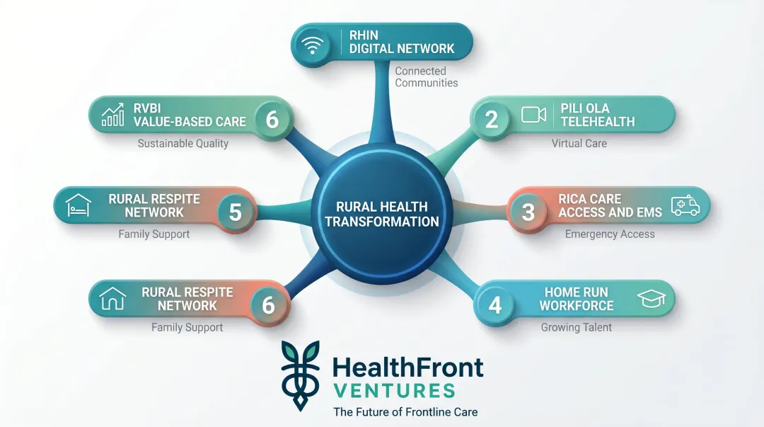 Hawaii RHTP six initiatives overview diagram covering telehealth workforce and care access