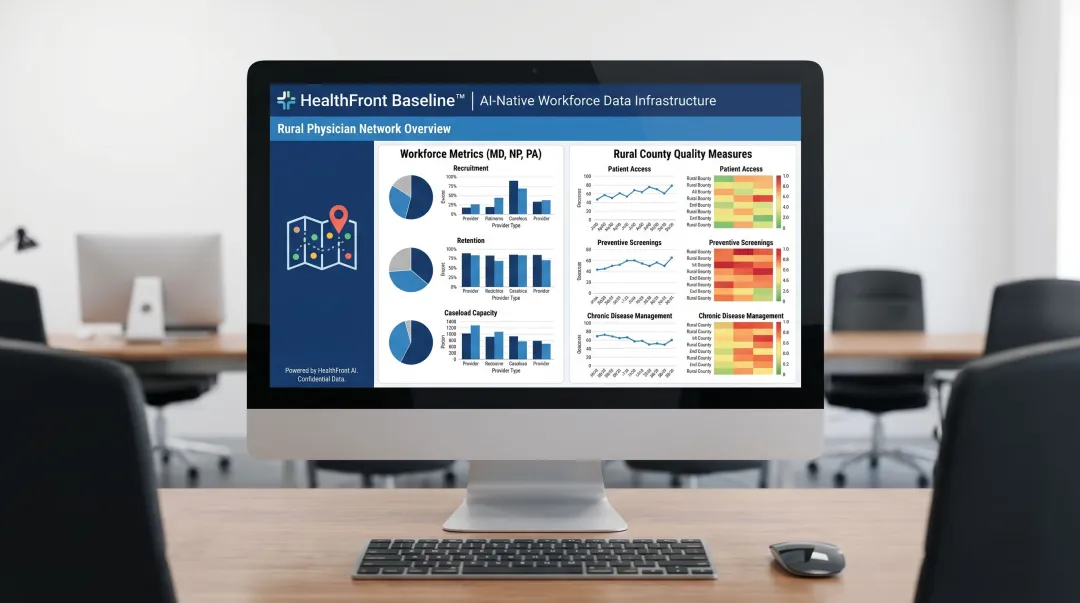 HealthFront Baseline AI-native rural physician workforce data dashboard with key metrics