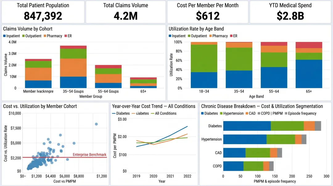 Healthcare claims data analytics dashboard displaying population-level utilization and benchmarking metrics