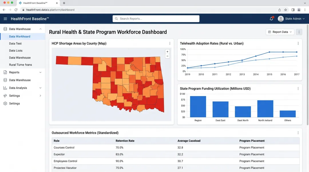 HealthFront Baseline workforce data warehouse dashboard displaying standardized rural health metrics