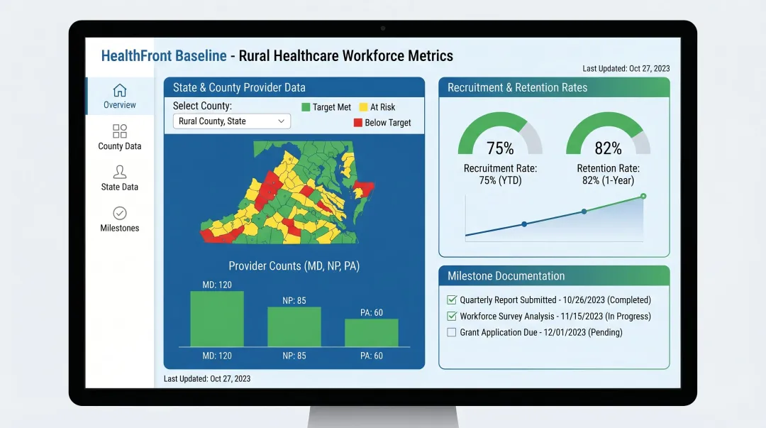 HealthFront Baseline workforce analytics dashboard displaying rural provider metrics and county data