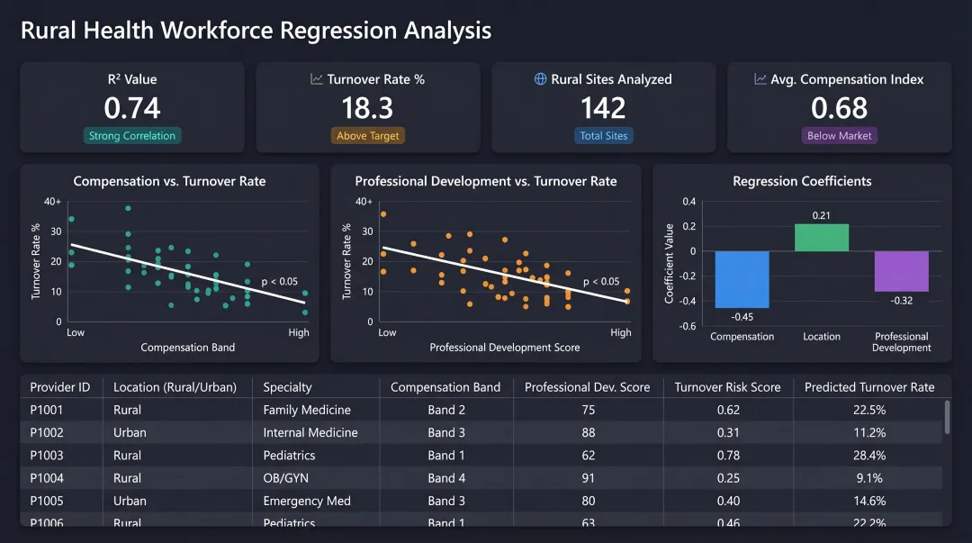 Healthcare workforce regression analysis dashboard showing rural provider turnover predictors