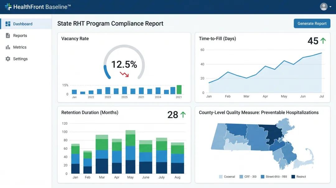 HealthFront Baseline rural HCP workforce metrics dashboard displaying strategic planning data