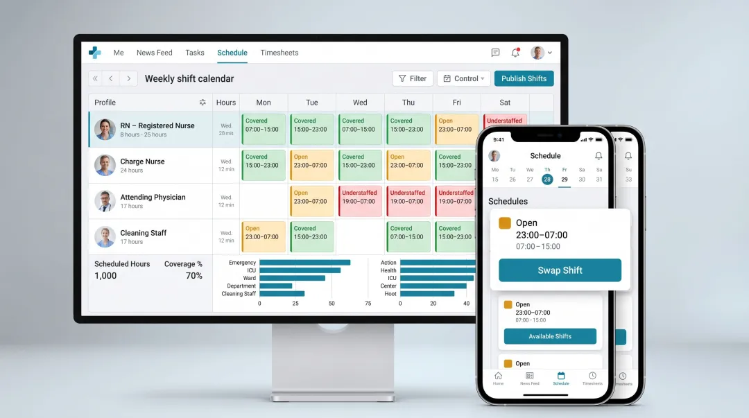 Healthcare workforce scheduling software dashboard displaying shift coverage and employee preferences