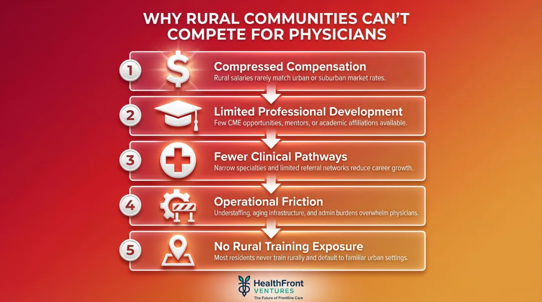 Five structural barriers preventing rural physician recruitment and retention infographic