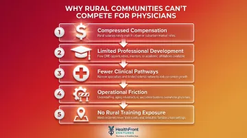 Five structural barriers preventing rural physician recruitment and retention infographic