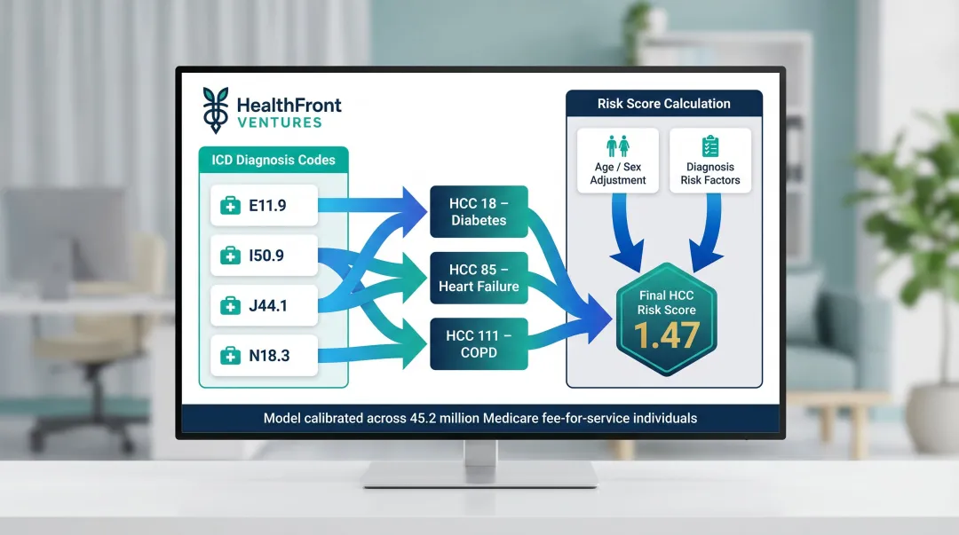 CMS-HCC risk adjustment model showing ICD diagnosis to HCC category mapping process