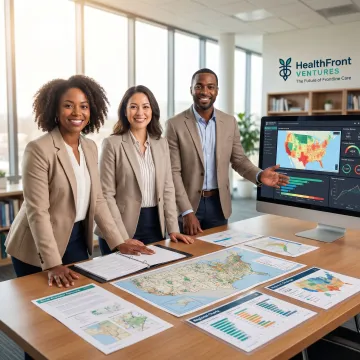 Rural healthcare planning team reviewing network data