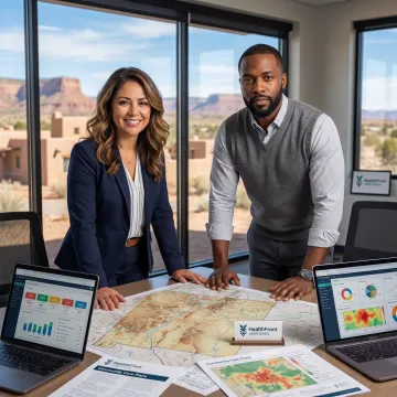 Rural healthcare planning team reviewing community health data in New Mexico