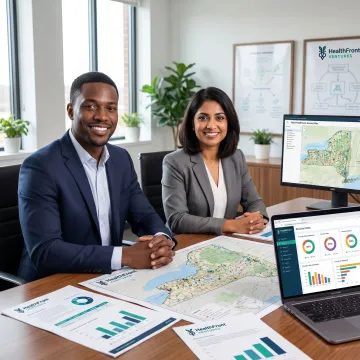 Rural healthcare planning team reviewing New York care data