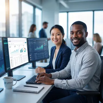 Health plan team reviewing claims analytics software