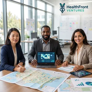 Rural healthcare program planning team reviewing grant data