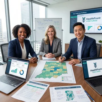 Rural healthcare planning team reviewing Indiana health data