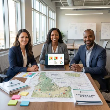 Rural healthcare planning team reviewing Idaho care access data