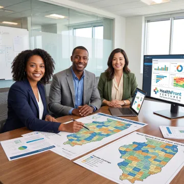 Rural healthcare planning team reviewing Illinois care access data