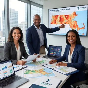 Rural healthcare planning team reviewing Massachusetts care data