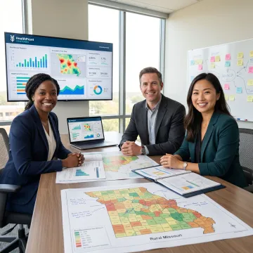 Rural healthcare planning team reviewing Missouri county data