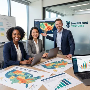 Rural healthcare planning team reviewing North Dakota program data