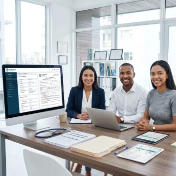 Healthcare provider enrollment support team reviewing NPPES and PECOS registration documents