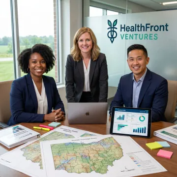Rural healthcare planning team reviewing Ohio community data