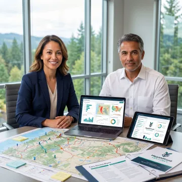 Rural healthcare planning team reviewing Oregon community data