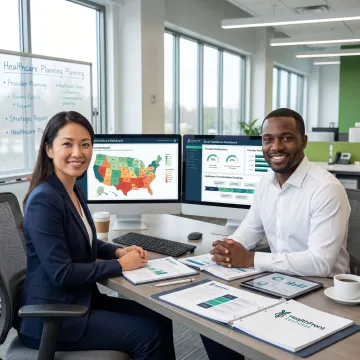 Consultants analyzing rural healthcare performance data