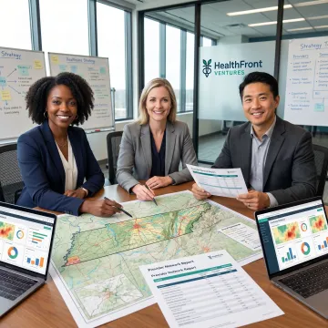 Rural healthcare planning team reviewing Tennessee care access data