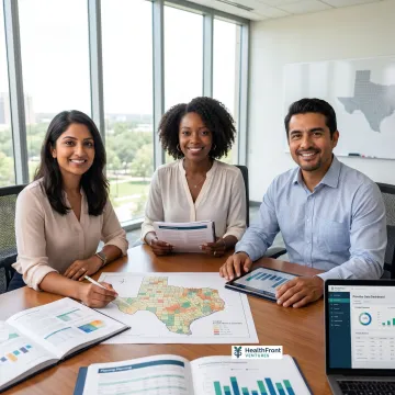 Rural healthcare strategy team reviewing Texas health data