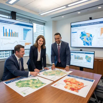 Rural healthcare strategy team reviewing Wisconsin program data