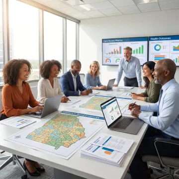 Rural healthcare planning team reviewing Georgia care access data