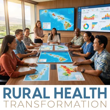 Rural healthcare planning team reviewing Hawaii health data