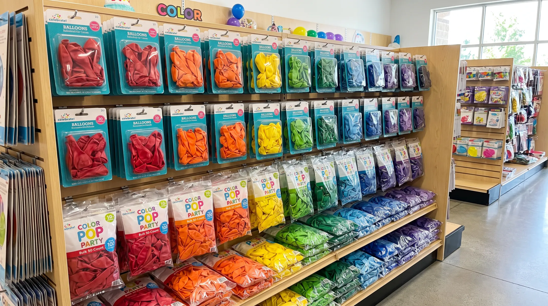 Retail shelf display of assorted latex balloon color packs