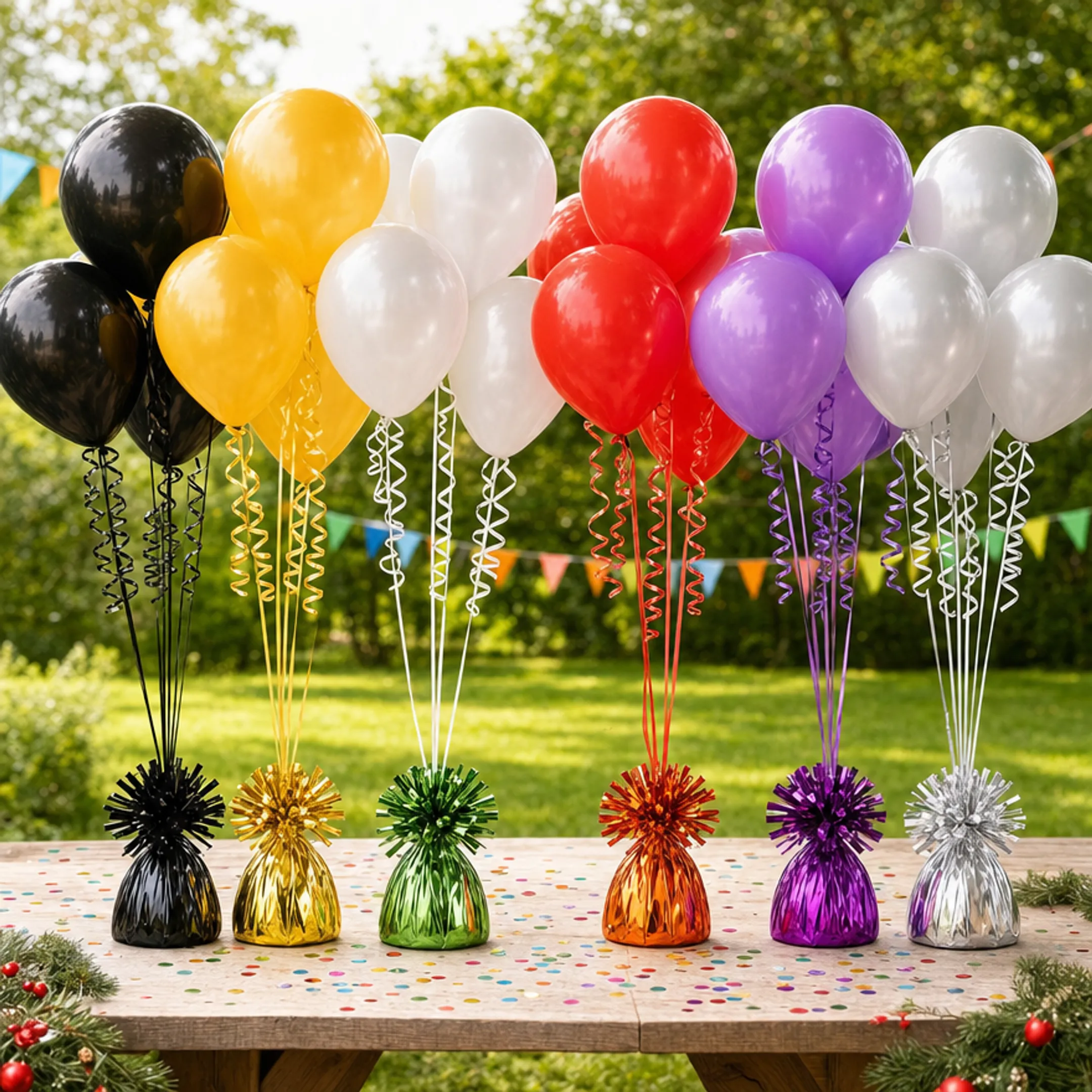 Balloon bouquet display with ribbon and weights accessories