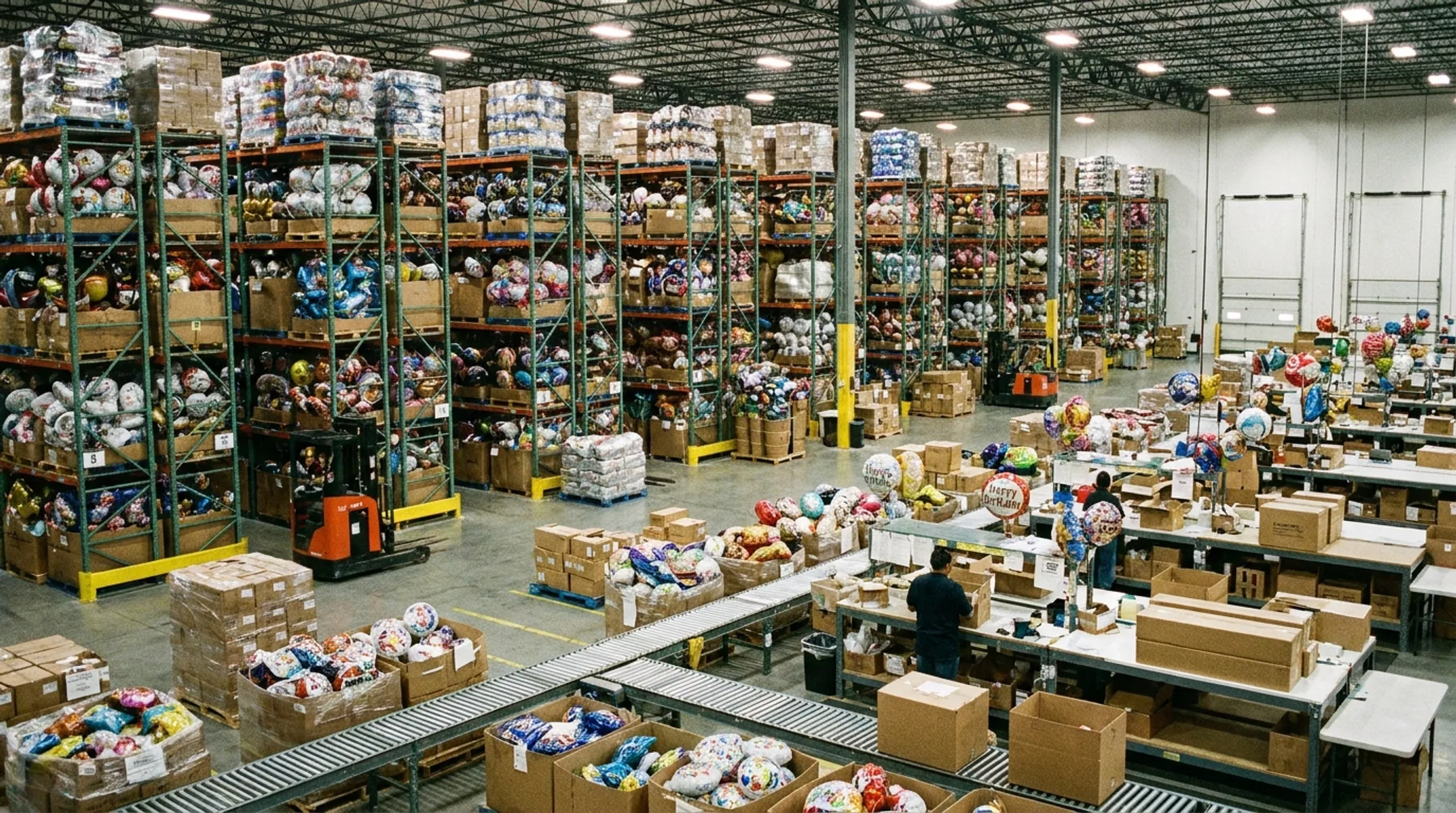Wholesale foil balloon inventory warehouse with organized retail packaging