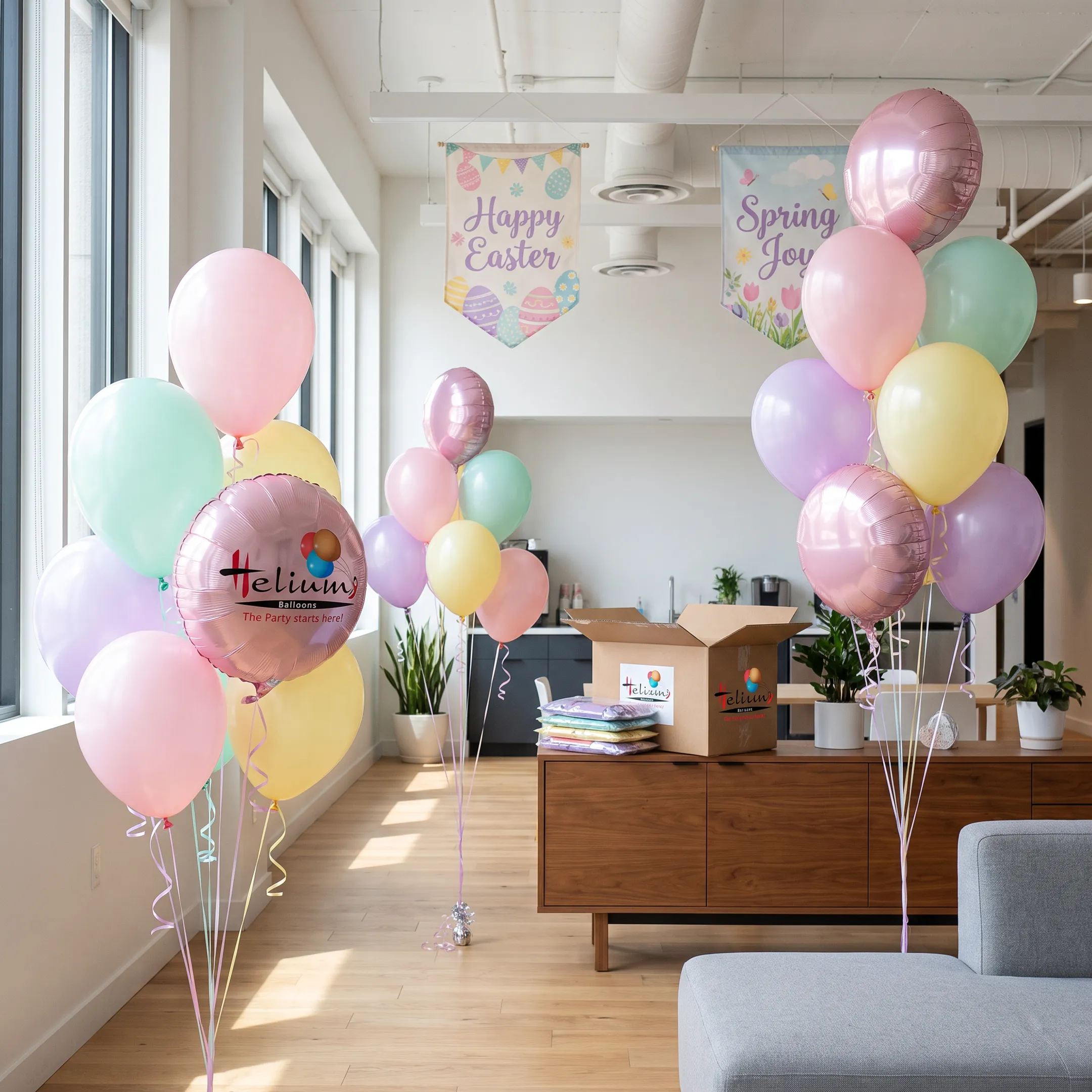 Office decorated for an Easter party with balloons