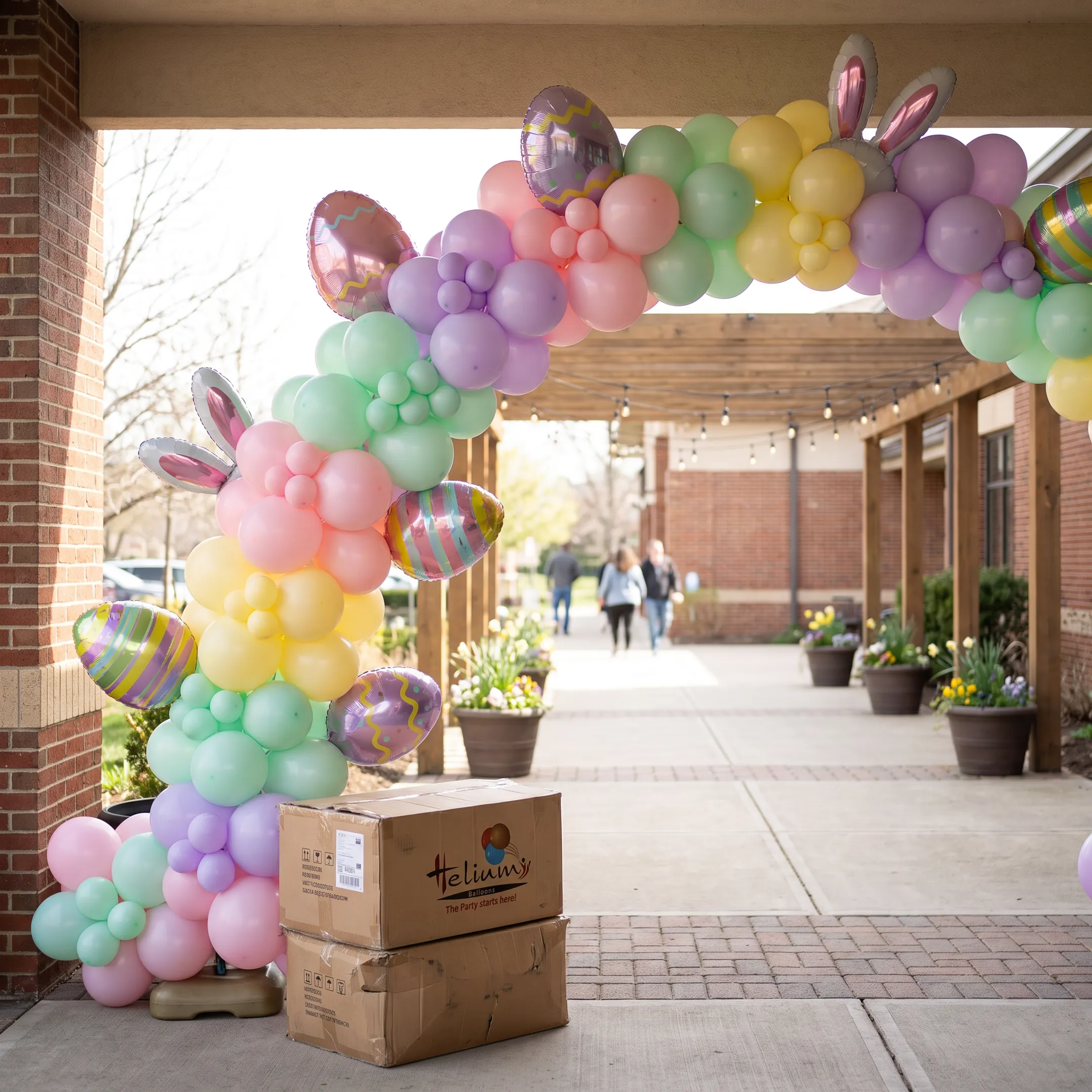 Large Easter-themed balloon arch at an event